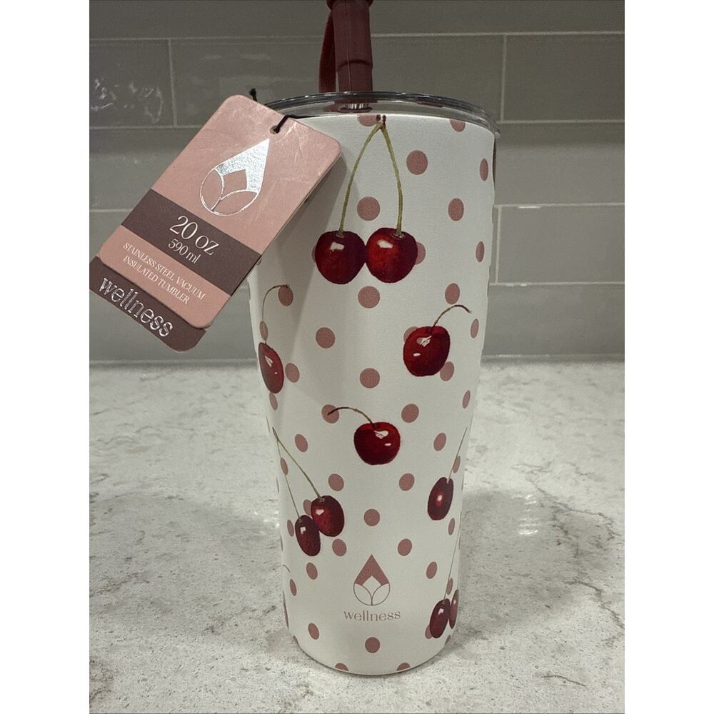 DOTS & CHERRIES 20oz Steel Travel Tumbler & Straw w/ Cap Fall NEW